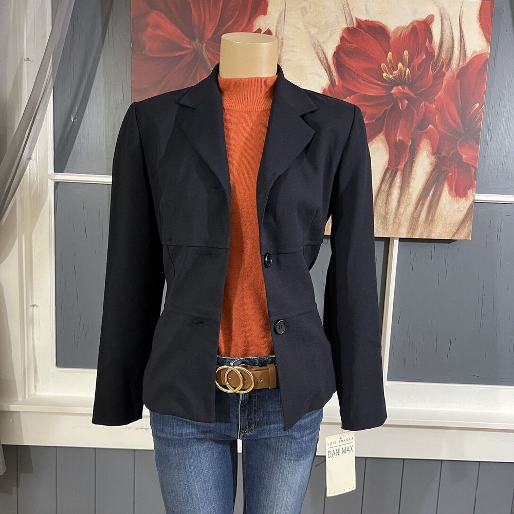 Lois Snyder Dani Max Women's Blazer Sz 8 Petite Polyester Stretch‎ Dark Navy